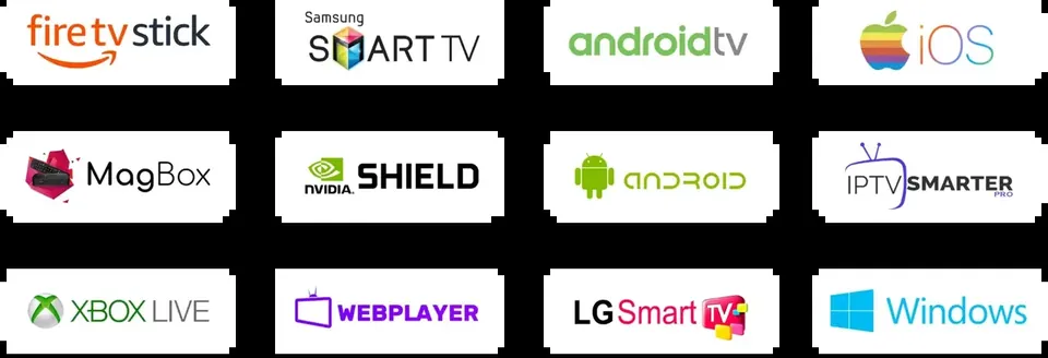 Logos des appareils compatibles : Fire TV Stick, télés Samsung et LG, Android TV, iOS, Windows