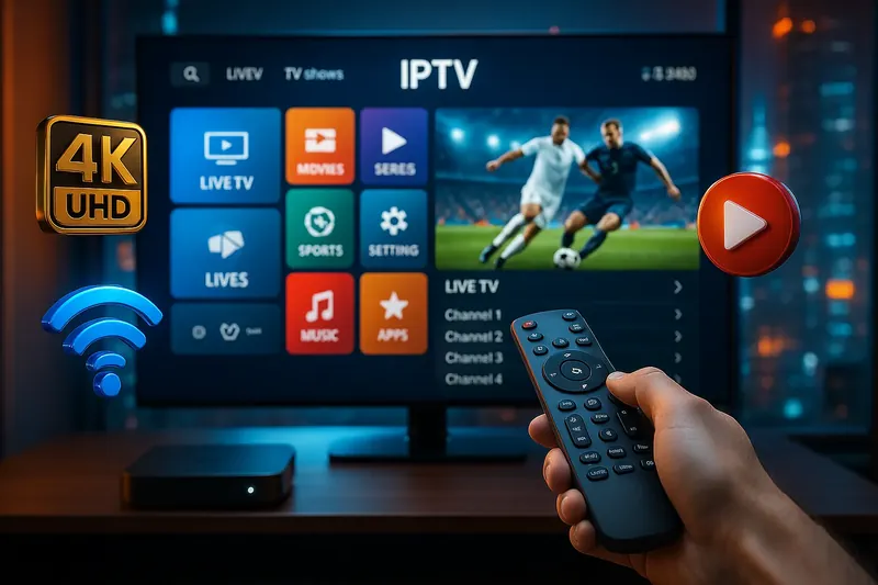 Téléviseur 4K UHD affichant un match de football en direct, télécommande en main