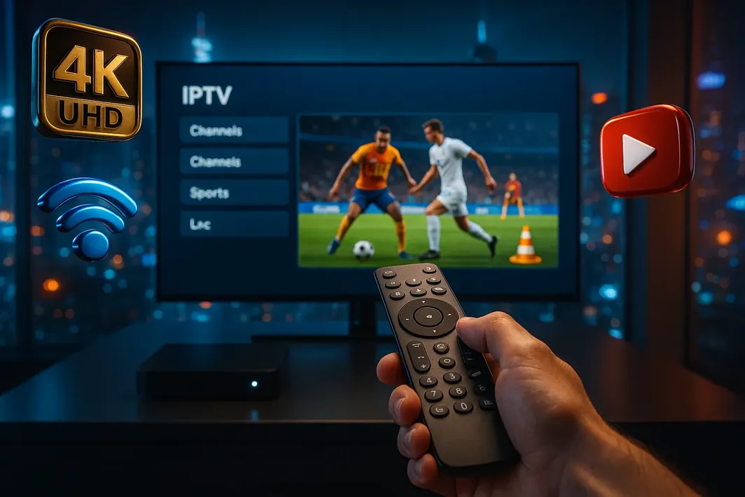 Téléviseur affichant le menu IPTV avec les chaînes de sport et un match en cours, télécommande en main